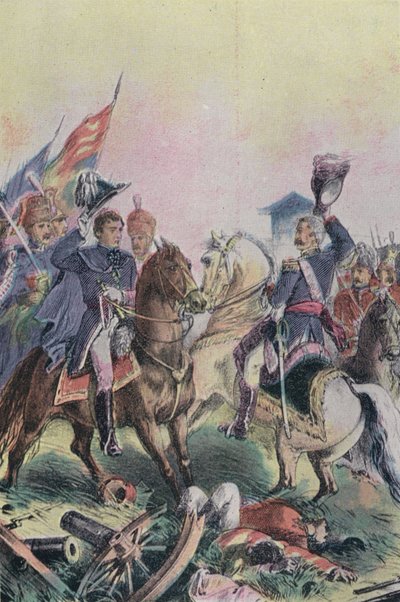 El encuentro del Duque de Wellington y el Mariscal de Campo Blucher después de la Batalla de Waterloo, 1815 de English School